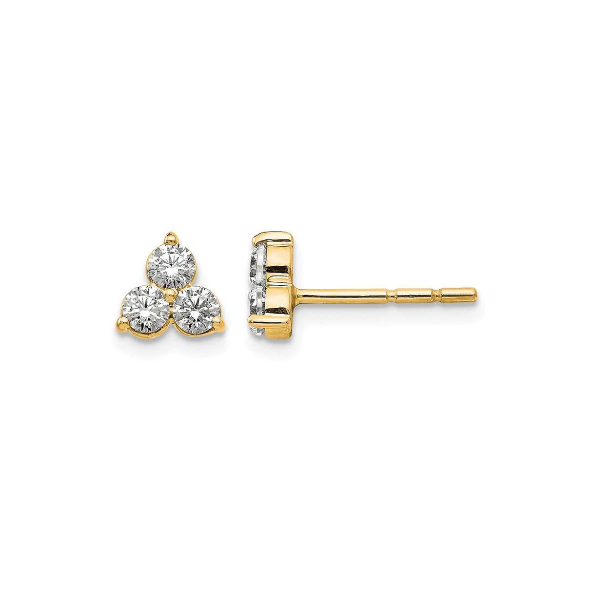 14k Yellow Gold Stud Earrings with Trio of Round Cut Clear Gemstones in Triangle Formation