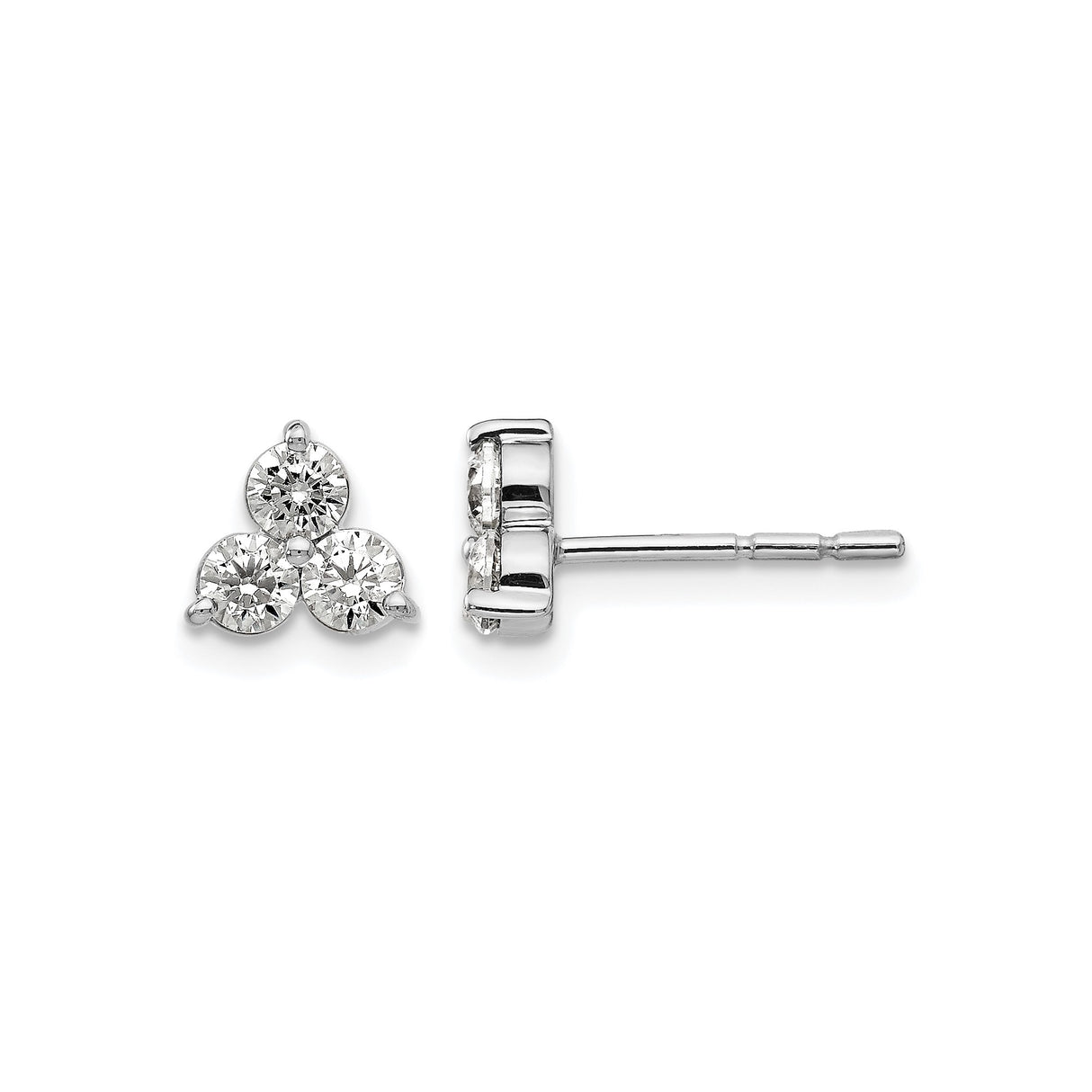 14k White Gold Stud Earrings with Three Round Cut Lab Diamonds in Triangular Cluster Design