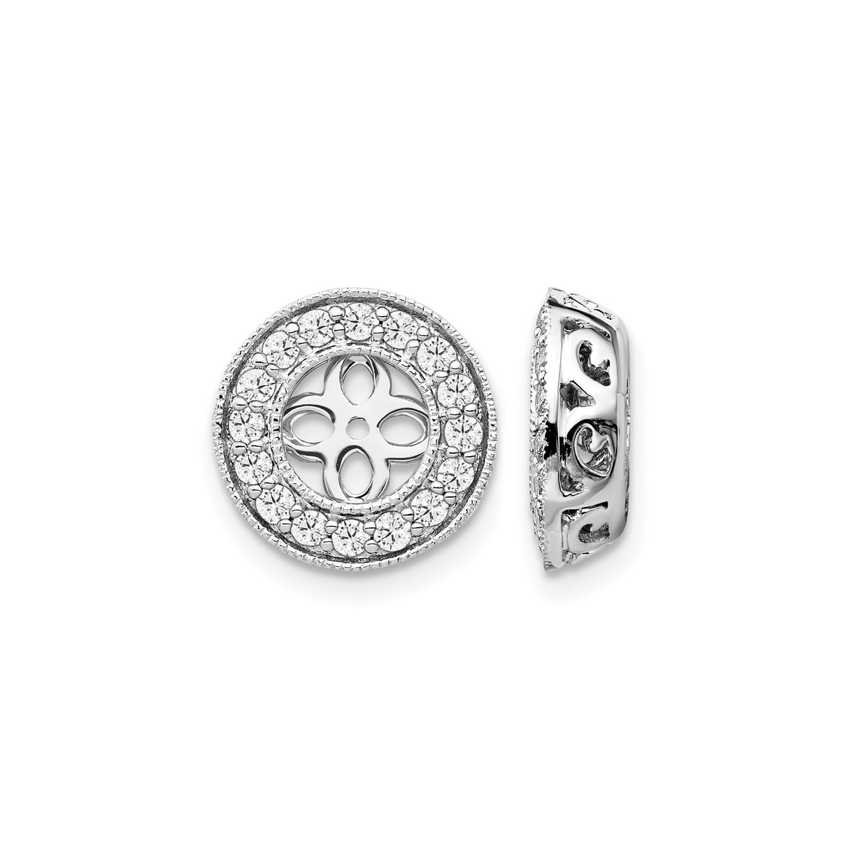 14k White Gold Earring Charms with Cubic Zirconia, Floral Mandala Quatrefoil Openwork Design