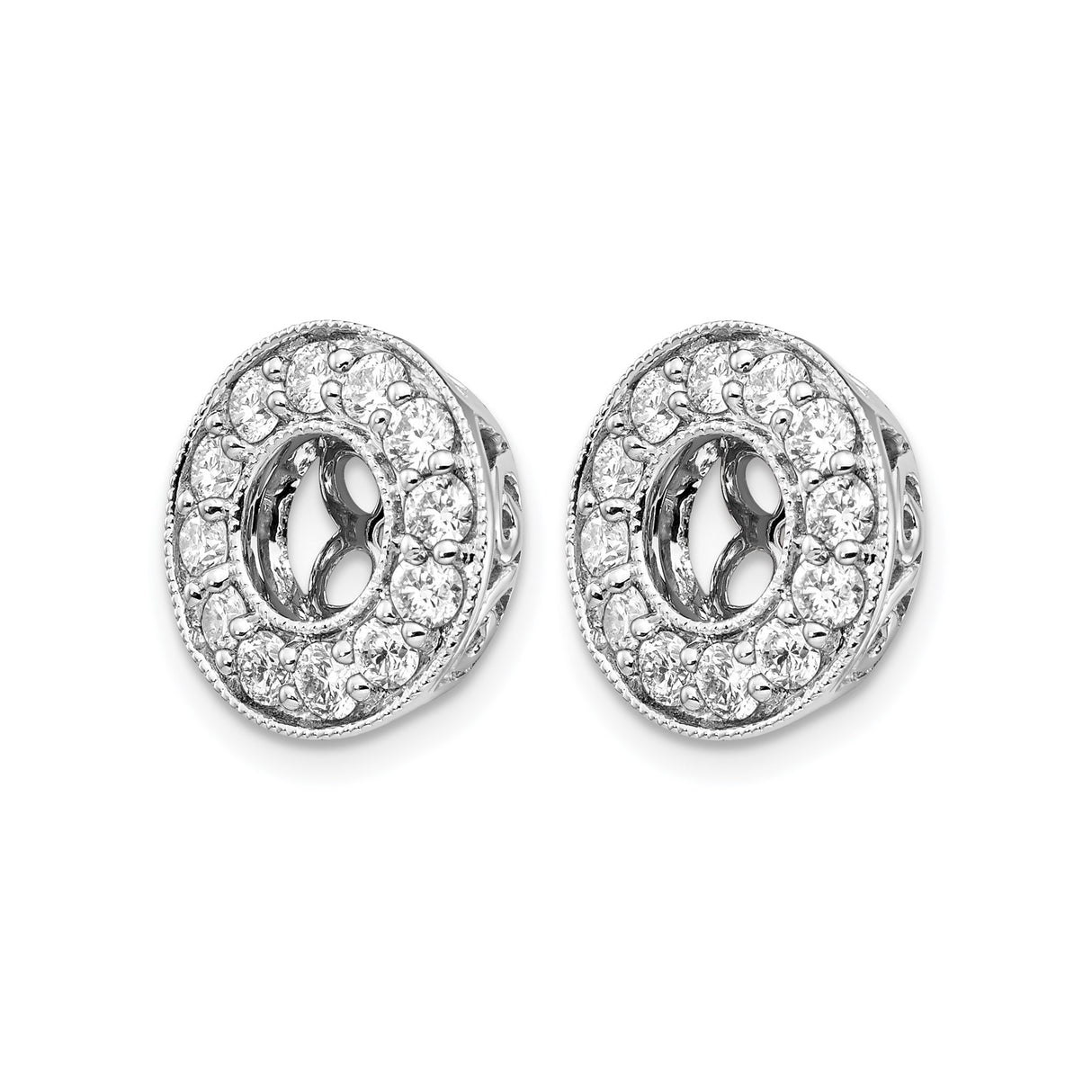 14k White Gold Earring Jackets with Cubic Zirconia Halo, Floral Scroll Filigree Design