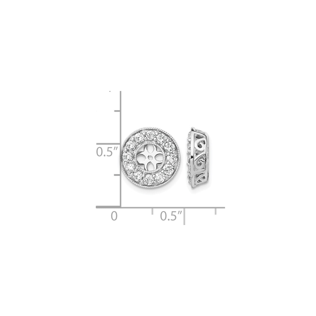 14k White Gold Earring Jackets with Cubic Zirconia Halo, Floral Scroll Filigree Design