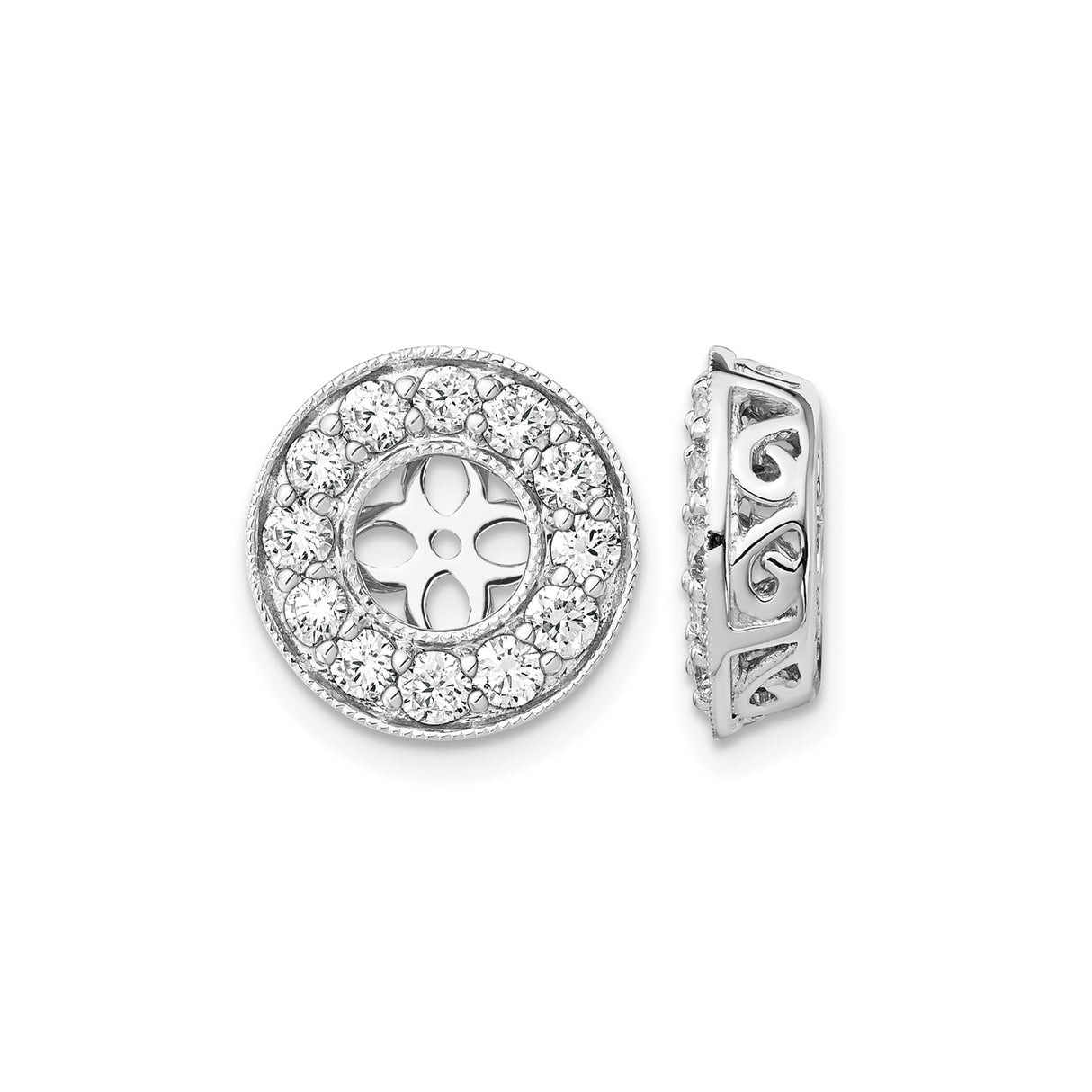 14k White Gold Earring Jackets with Cubic Zirconia Halo, Floral Scroll Filigree Design