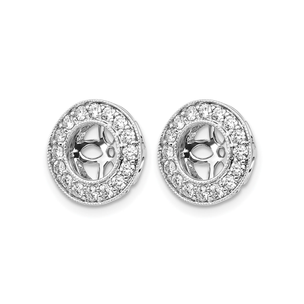 14k White Gold Earrings with Circular Floral Motif, Petal Cutout Halo Design