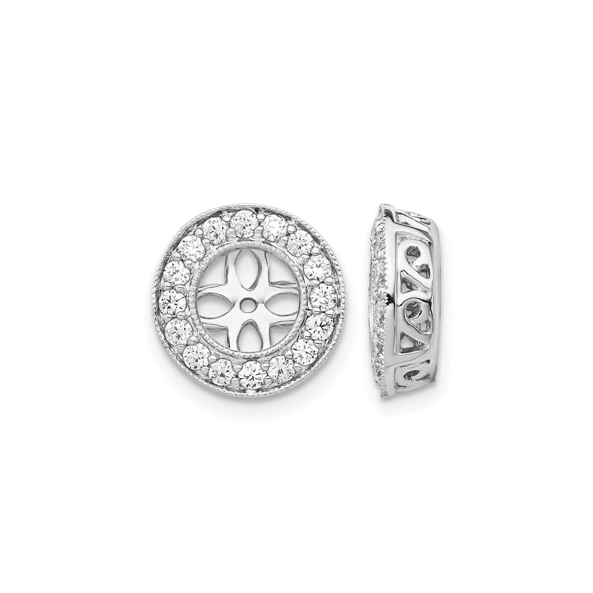 14k White Gold Earrings with Circular Floral Motif, Petal Cutout Halo Design