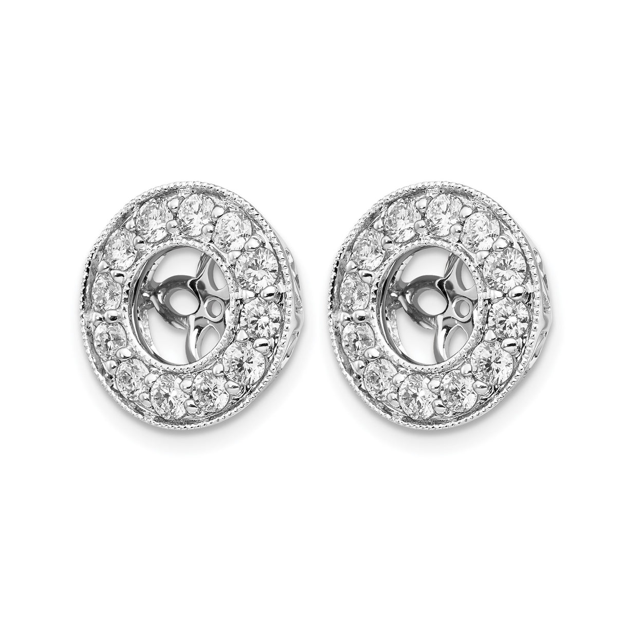 14k White Gold Earring Jackets with Cubic Zirconia, Floral Cutout and Heart Filigree Design