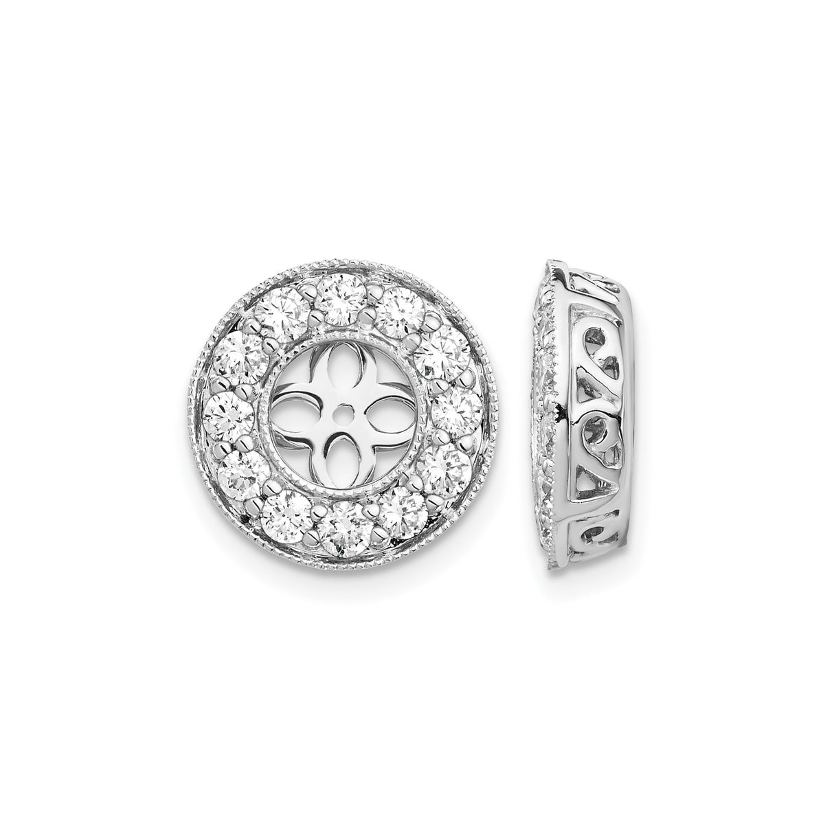 14k White Gold Earring Jackets with Cubic Zirconia, Floral Cutout and Heart Filigree Design