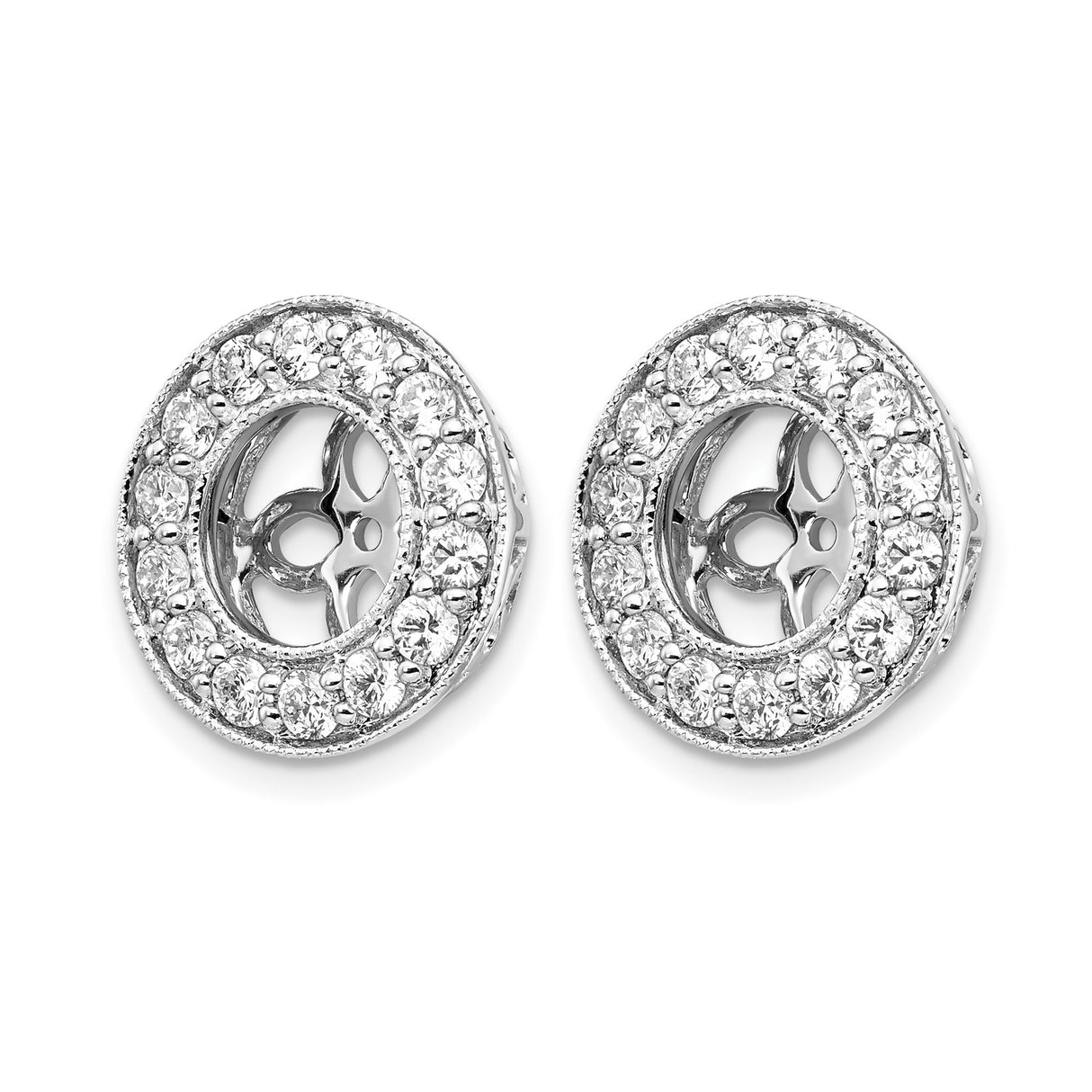 14k White Gold Earring Jackets with Diamond Halo, Openwork Floral Scrollwork Design