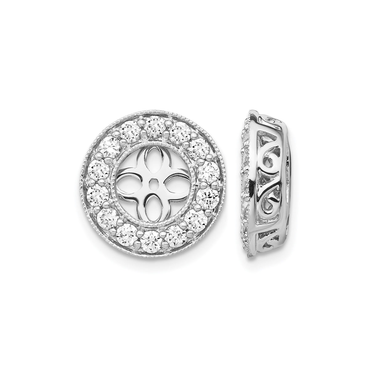 14k White Gold Earring Jackets with Diamond Halo, Openwork Floral Scrollwork Design