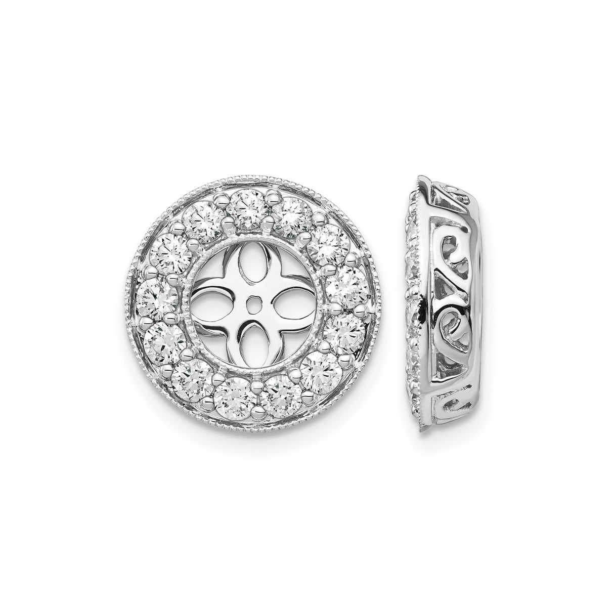 14k White Gold Earring Charms with Cubic Zirconia Halo, Floral Cutout and Filigree Detail