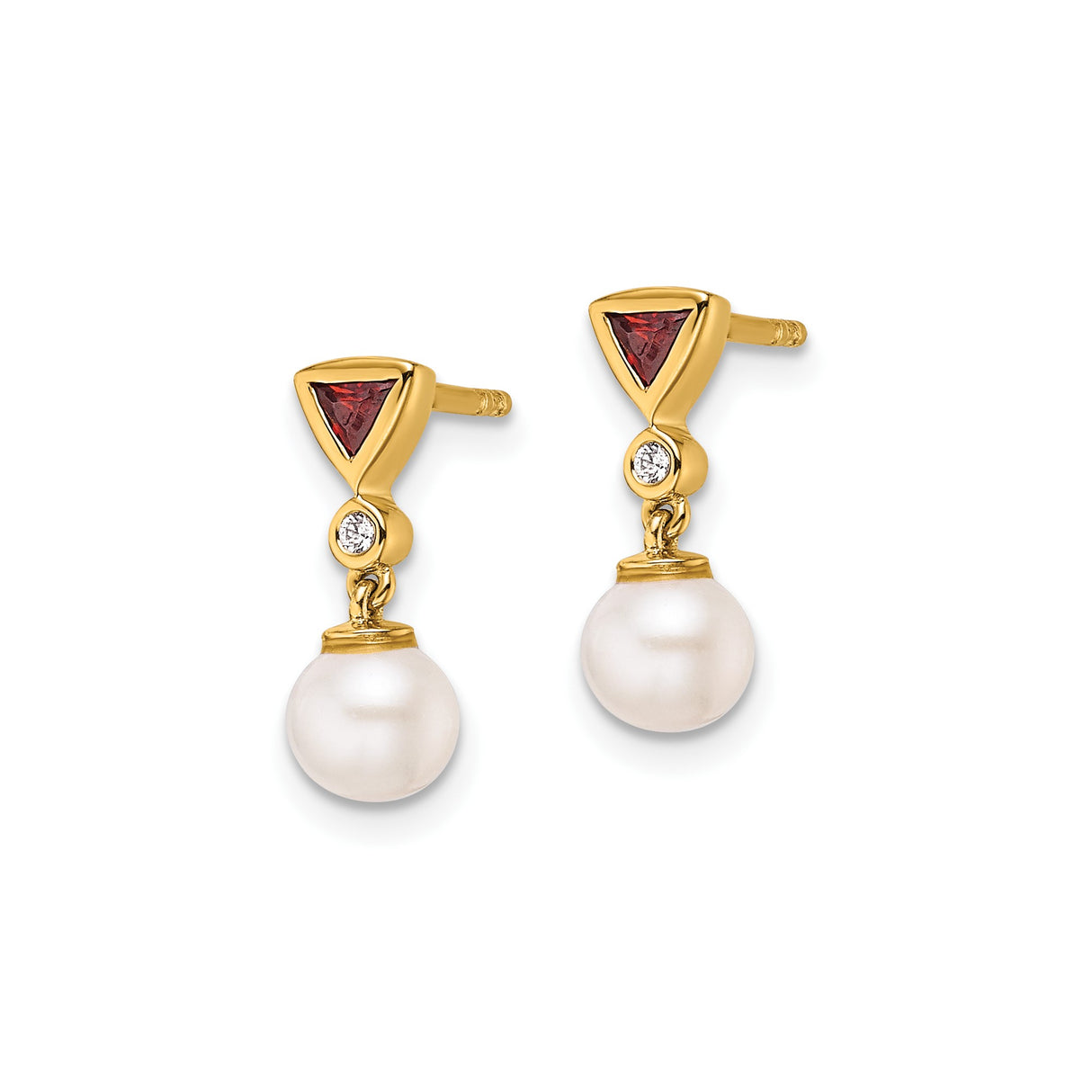 14k Yellow Gold Dangle Earrings with Cultured Pearl Drop, Ruby Accent, Classic Formal Style