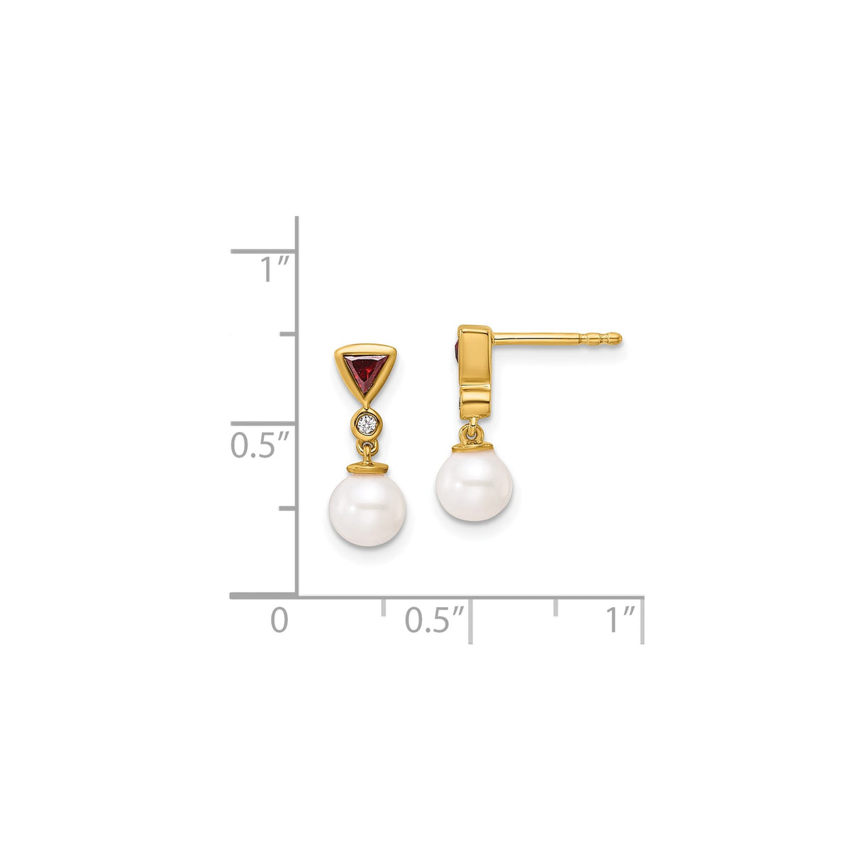 14k Yellow Gold Dangle Earrings with Cultured Pearl Drop, Ruby Accent, Classic Formal Style