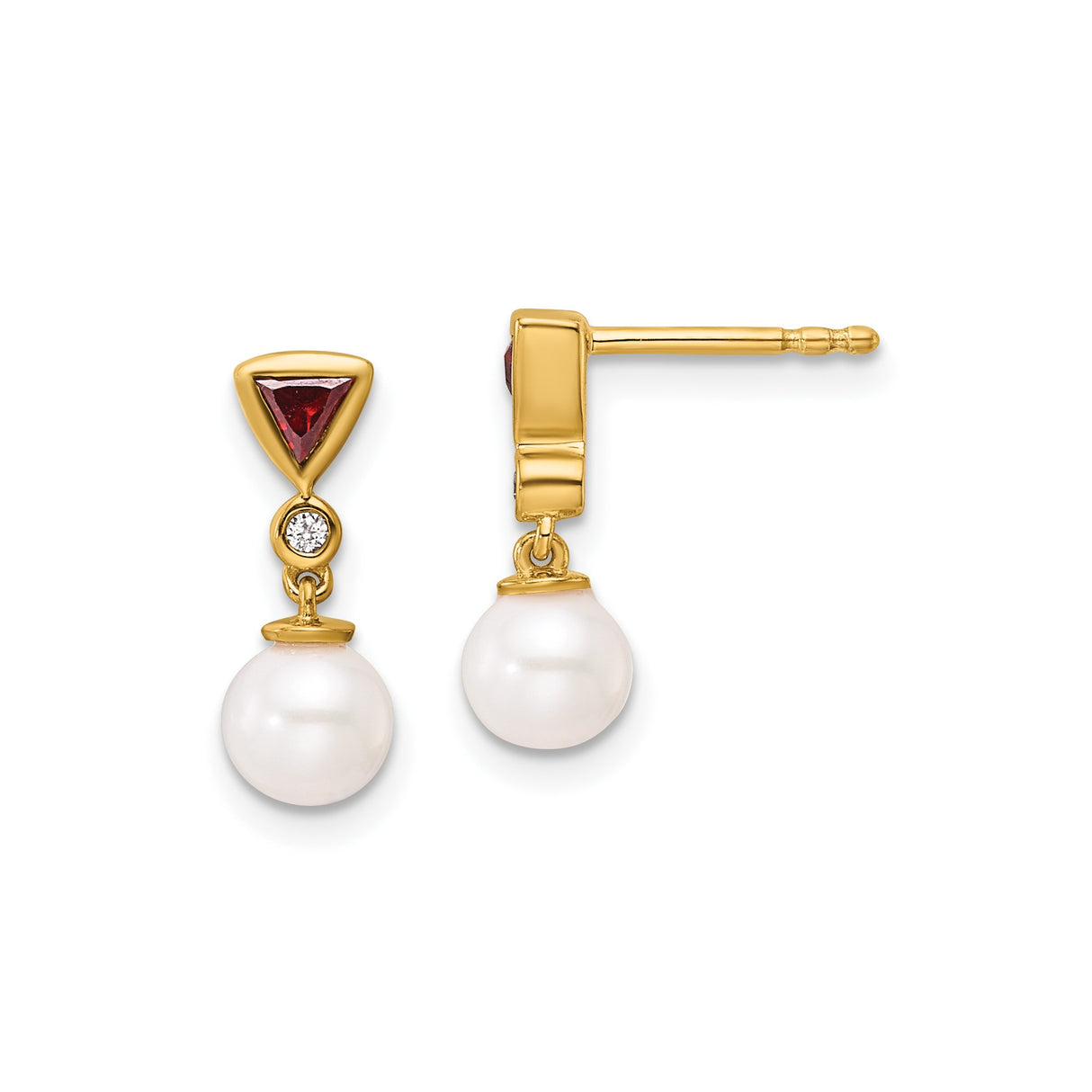14k Yellow Gold Dangle Earrings with Cultured Pearl Drop, Ruby Accent, Classic Formal Style