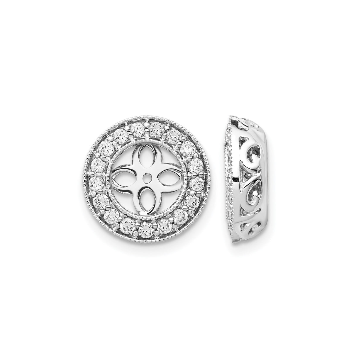14k White Gold Flower Stud Earrings with Openwork Floral Design and Lab Diamond Halo