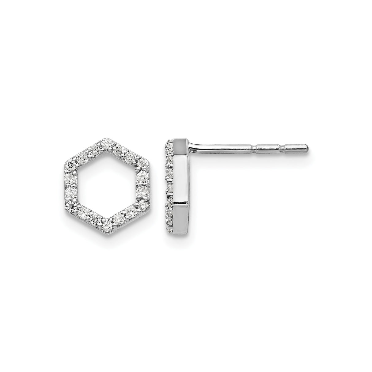 14k White Gold Hexagon Stud Earrings with Lab Grown Diamond Accents, Geometric Minimalist Style