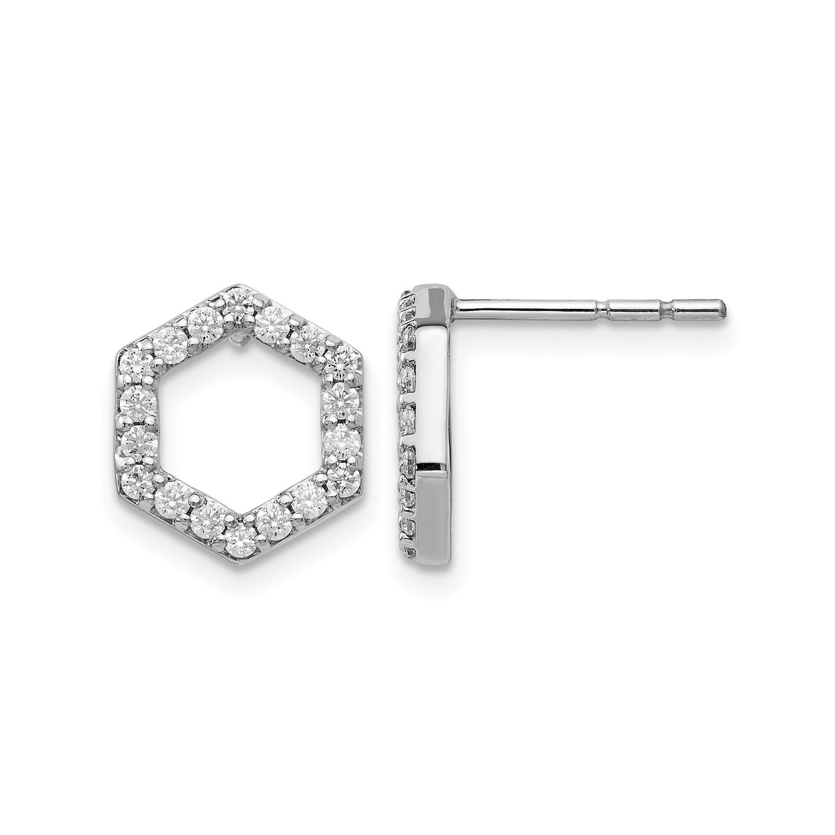 14k White Gold Hexagon Stud Earrings with Lab Grown Diamonds, Open Geometric Design