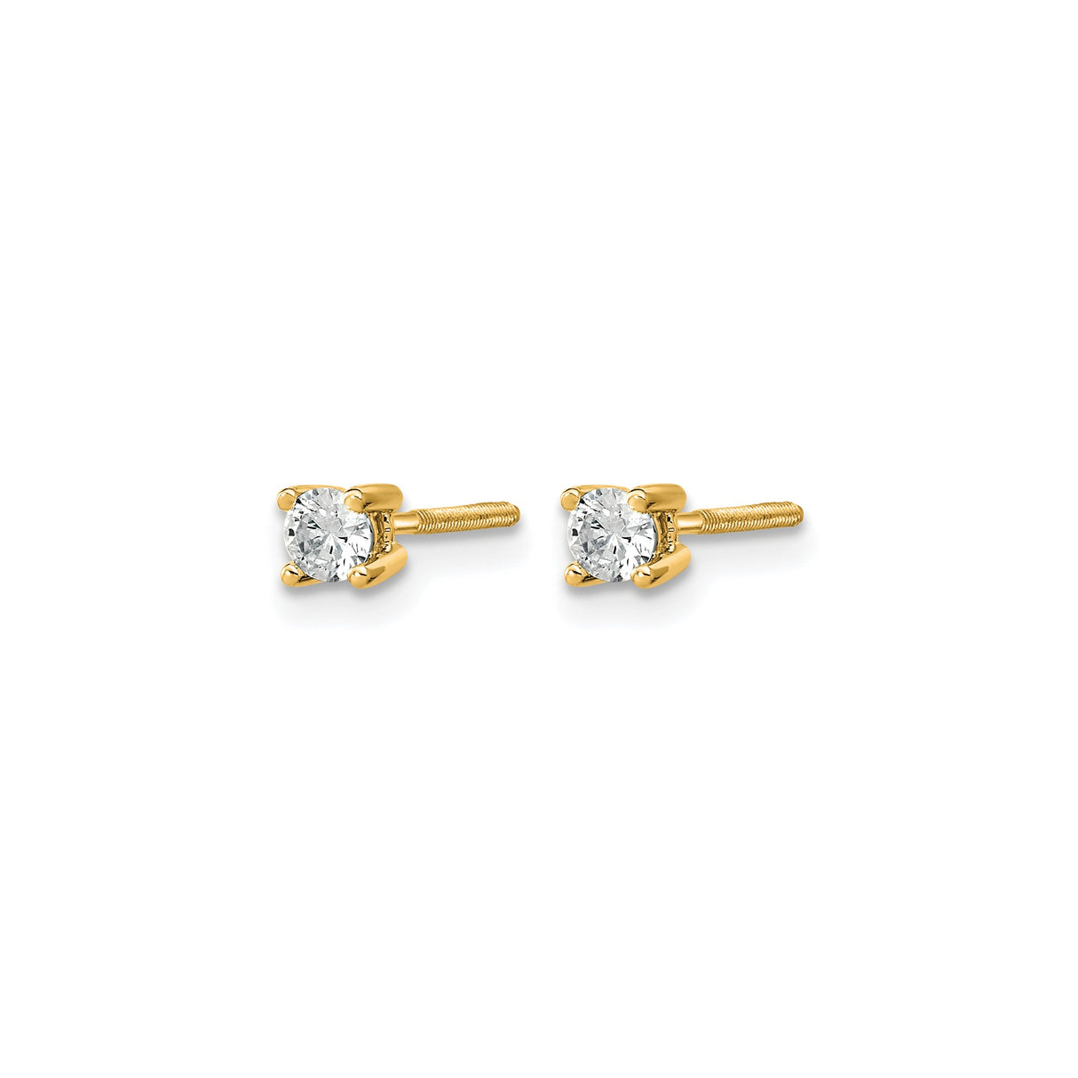 14k Yellow Gold Stud Earrings with Round Cut Clear Gemstones, Four Prong Screwback Design