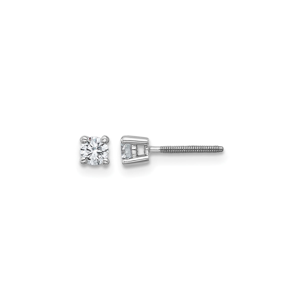 14k White Gold Diamond Stud Earrings, Round Cut Solitaire, Classic Four Prong Setting