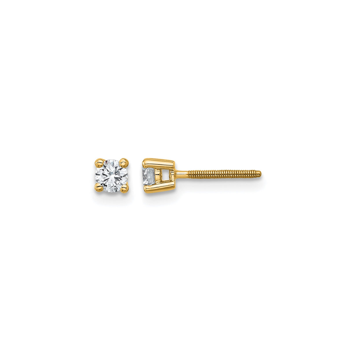 14k Yellow Gold Stud Earrings with Round Cut Clear Gemstones, Four Prong Setting, Screw Back