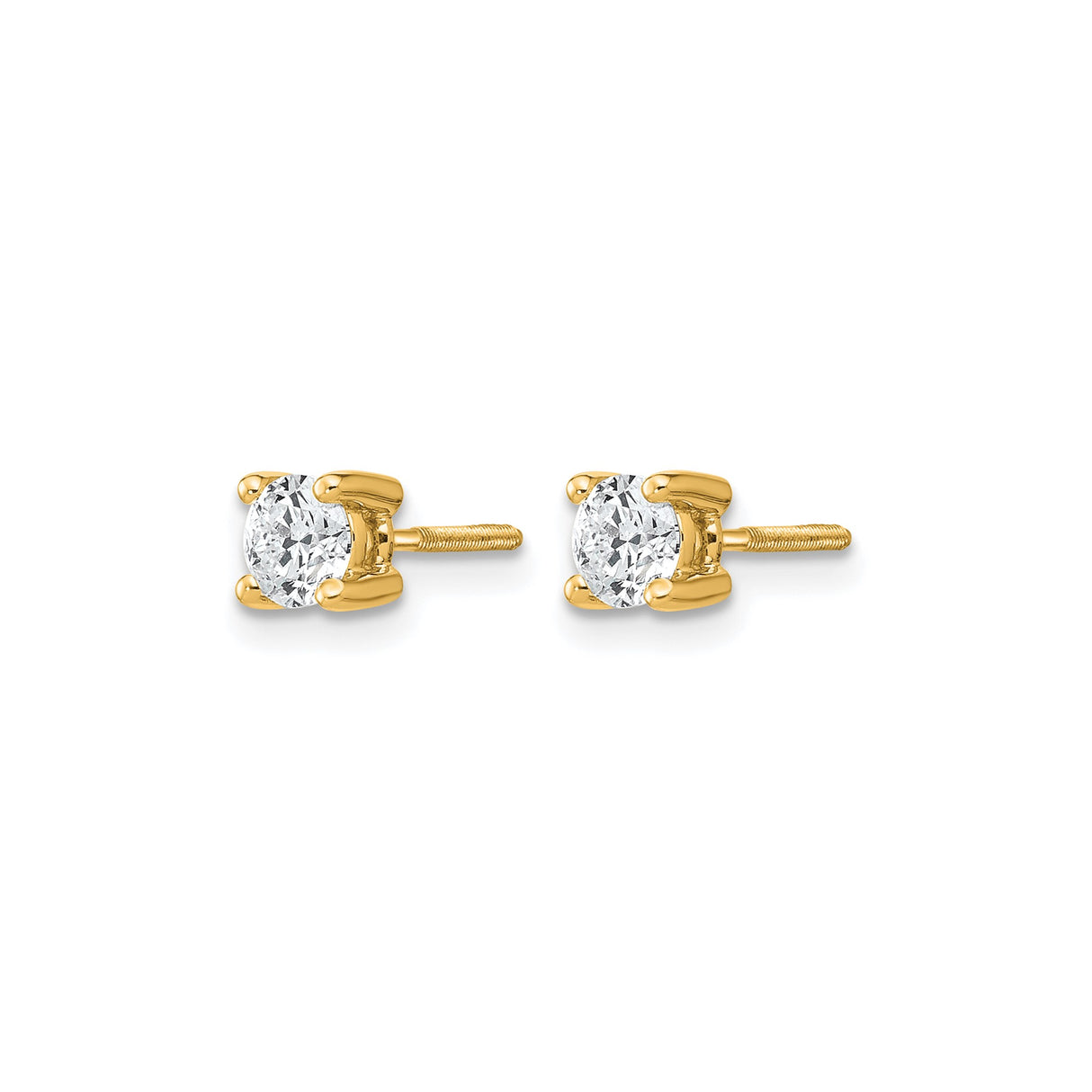 14k Yellow Gold Stud Earrings with Round Cut Lab Diamond Solitaire, Four Prong Screwback Design
