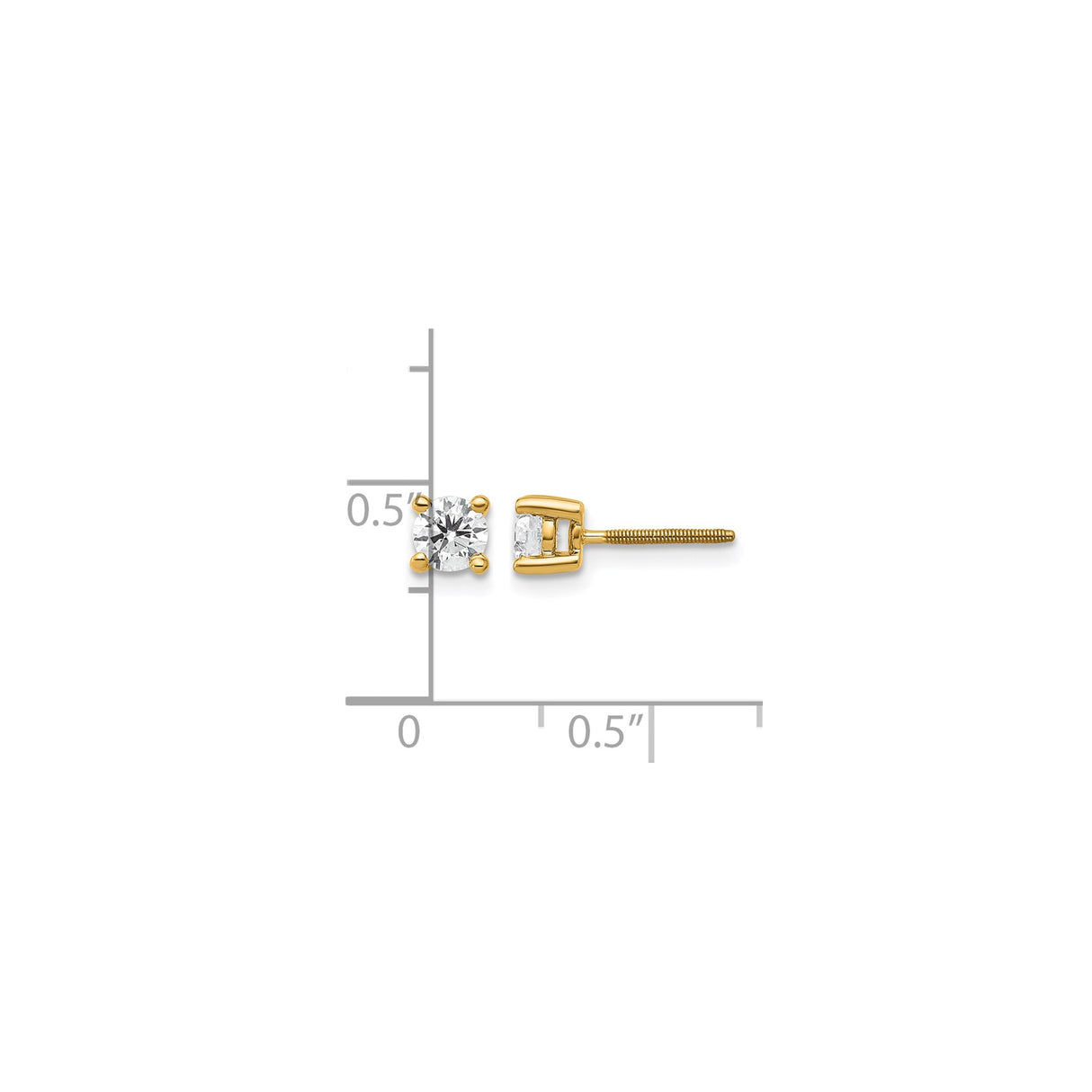 14k Yellow Gold Stud Earrings with Round Cut Lab Diamond Solitaire, Four Prong Screwback Design