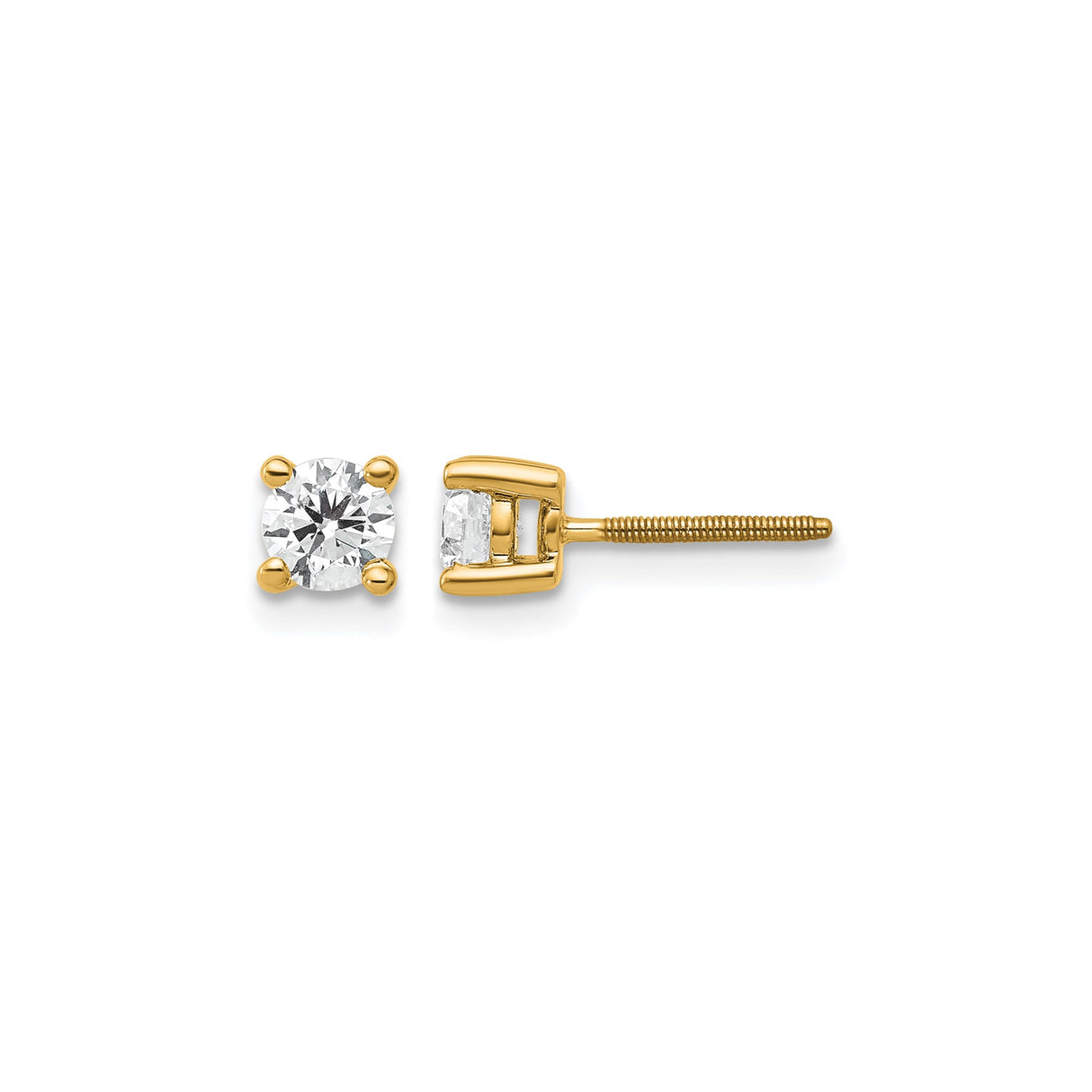 14k Yellow Gold Stud Earrings with Round Cut Lab Diamond Solitaire, Four Prong Screwback Design
