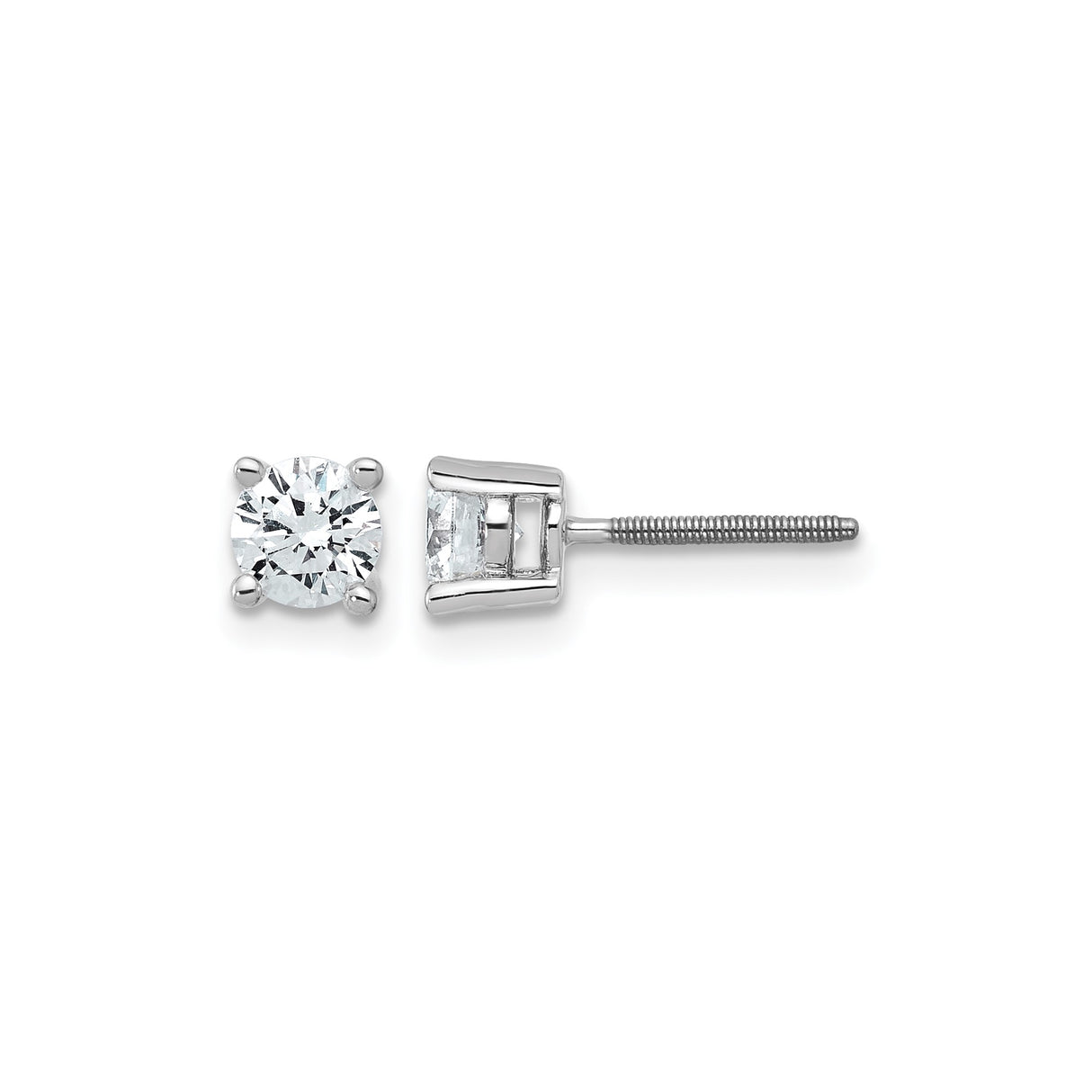 14k White Gold Stud Earrings with Round Brilliant Cut Gemstone, Four Prong Setting, Push Back