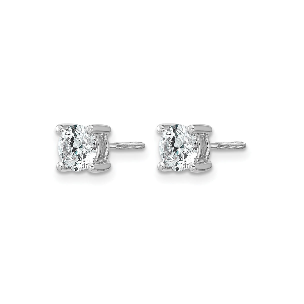 14k White Gold Diamond Stud Earrings, Round Cut Solitaire with Screw Back, Classic Four Prong Setting