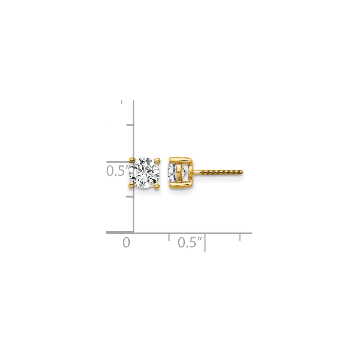 14k Yellow Gold Stud Earrings with Solitaire Cubic Zirconia, Screw-Back, Four Prong Setting