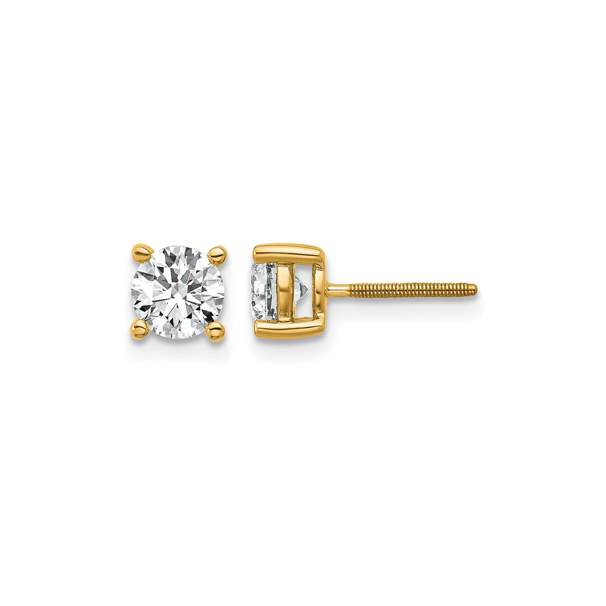 14k Yellow Gold Stud Earrings with Solitaire Cubic Zirconia, Screw-Back, Four Prong Setting