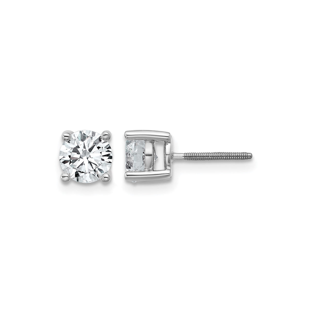 14k White Gold Diamond Stud Earrings, Round Lab Grown Solitaire, Four Prong, Screw Back