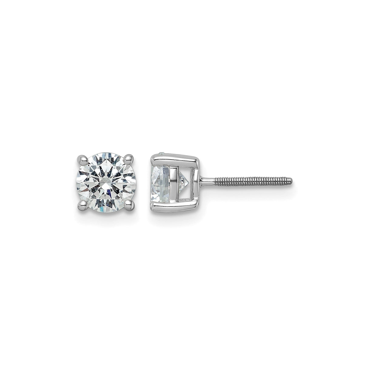 14k White Gold Solitaire Stud Earrings with Round Cut Clear Gemstones, Screw Back Design