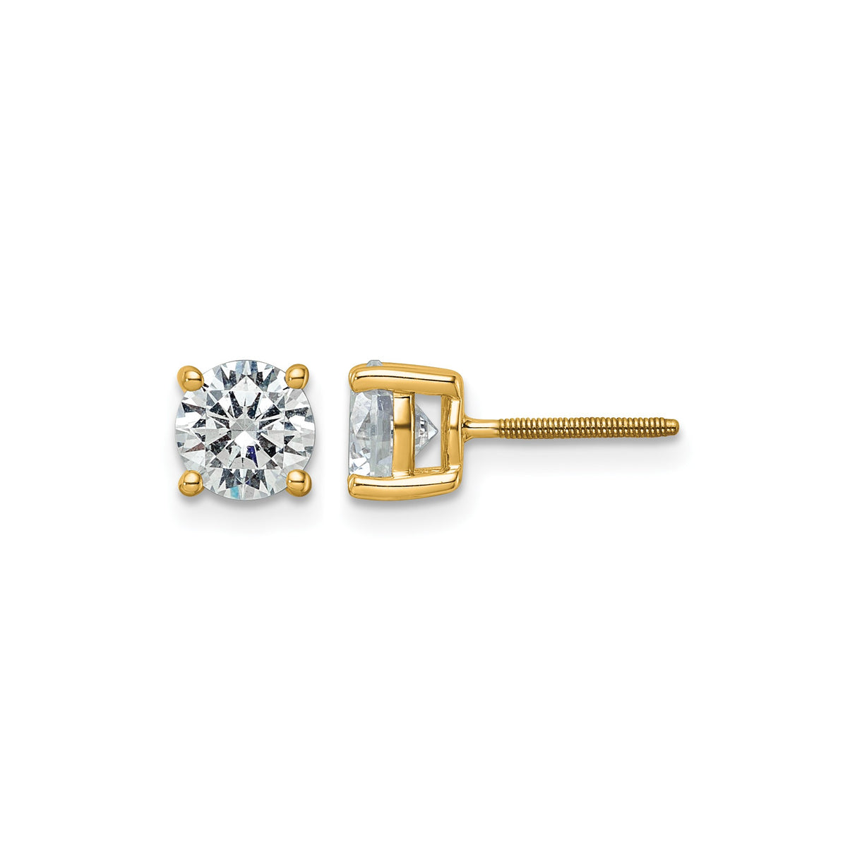 14k Yellow Gold Solitaire Stud Earrings with Clear Gemstones, Screw Back Setting