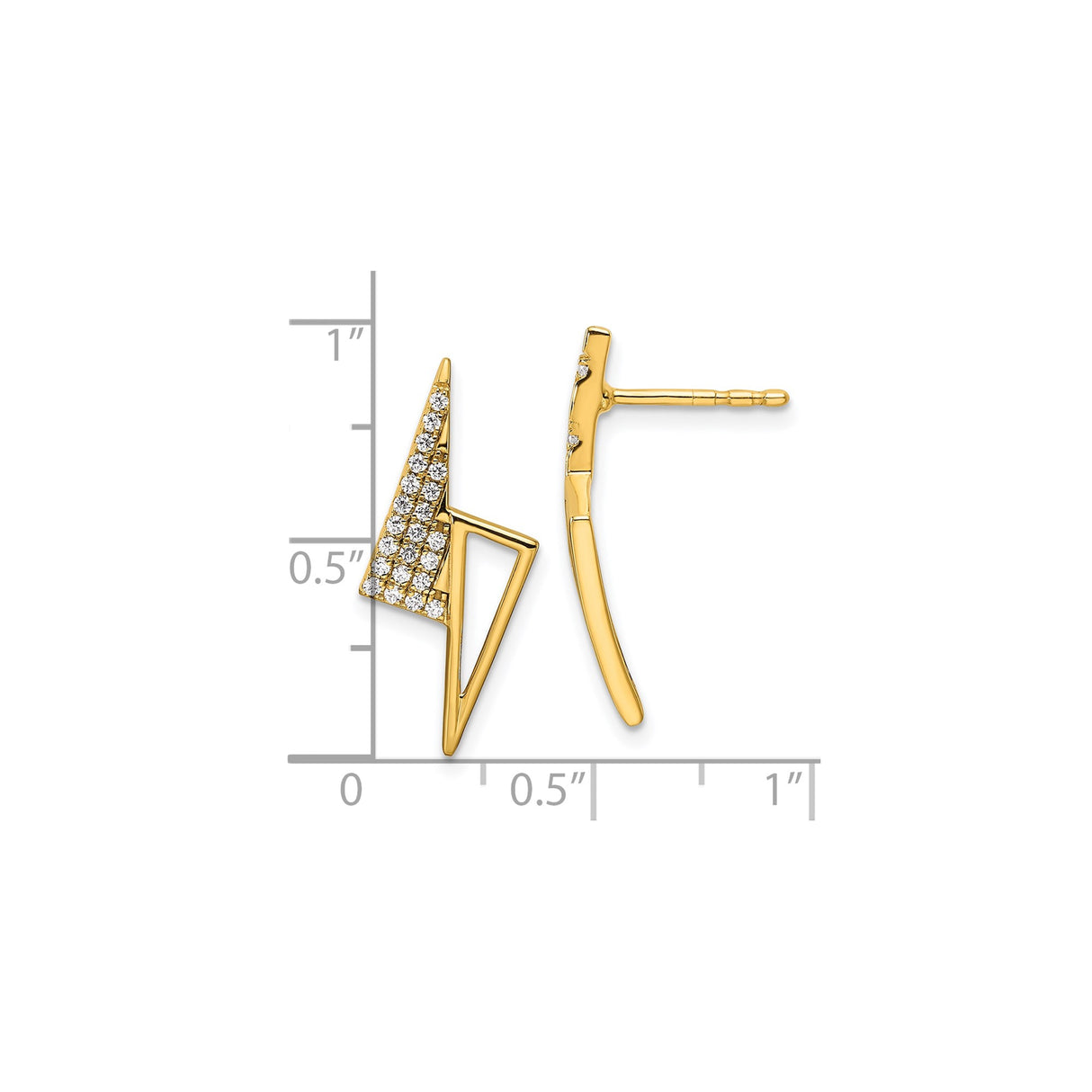 14k Yellow Gold Stud Earrings with Diamonds, Triangle and Lightning Bolt Design, Minimalist Style