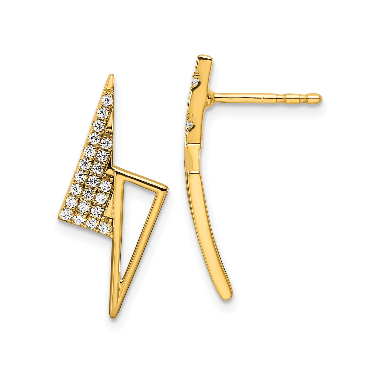 14k Yellow Gold Stud Earrings with Cubic Zirconia, Triangle and Lightning Bolt Design, Minimalist Style
