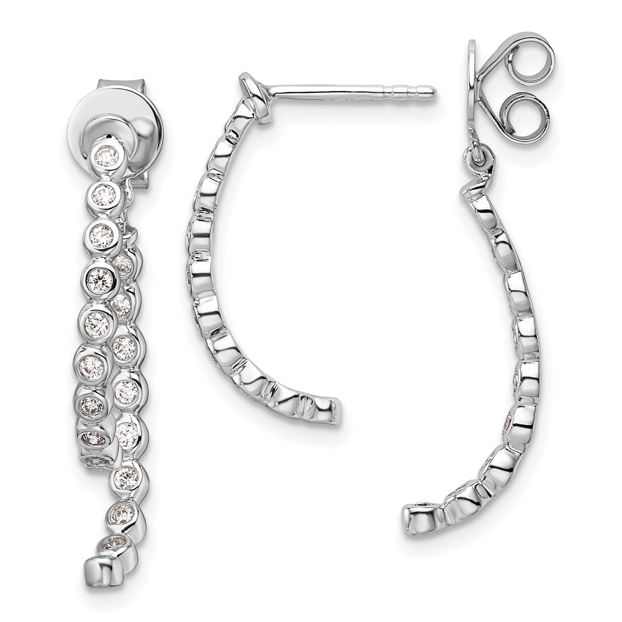 14k White Gold Hoop Drop Earrings with Diamond, Open Curve Modern Design