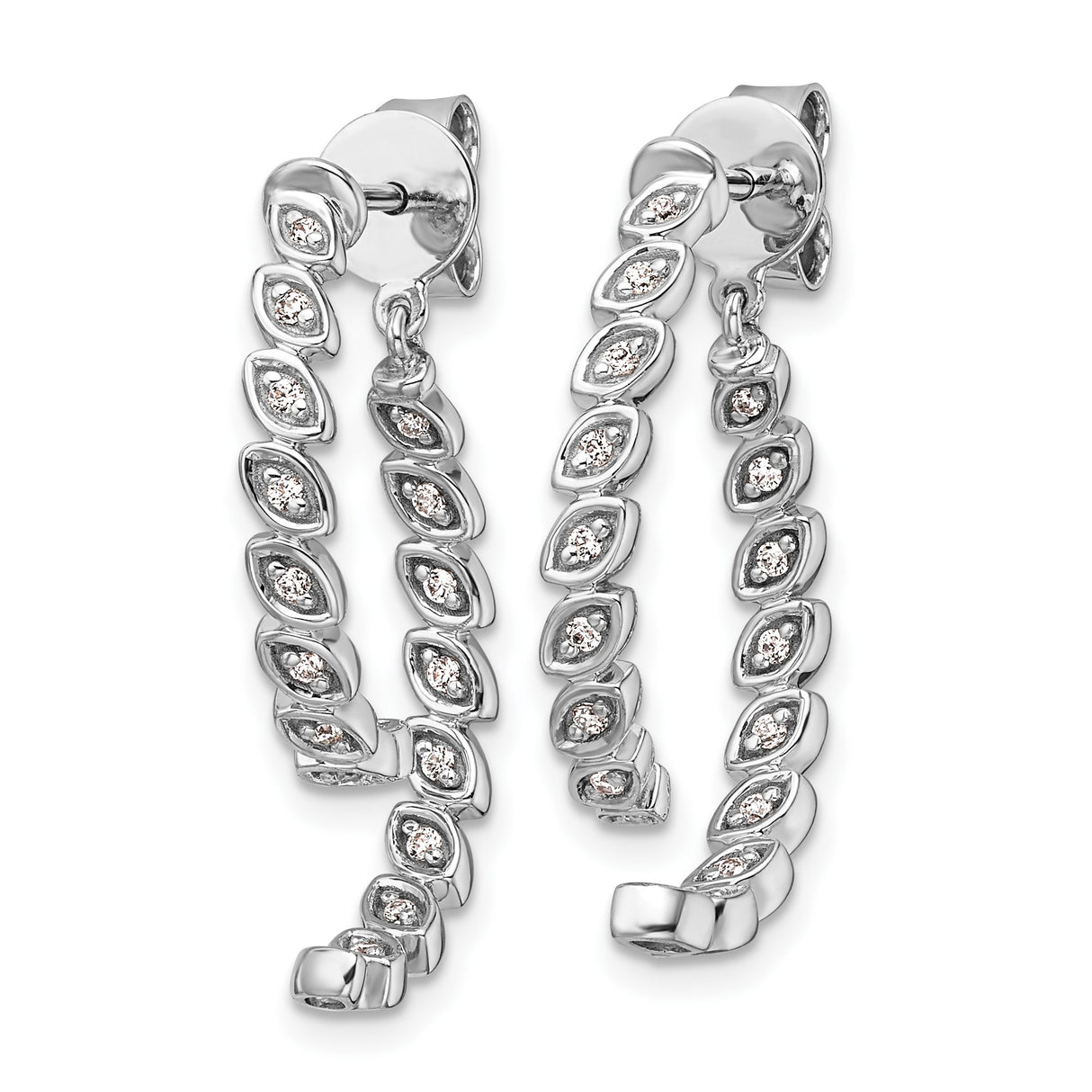 14k White Gold Hoop Earrings with Diamond Accents and Textured Marquise Leaf Design