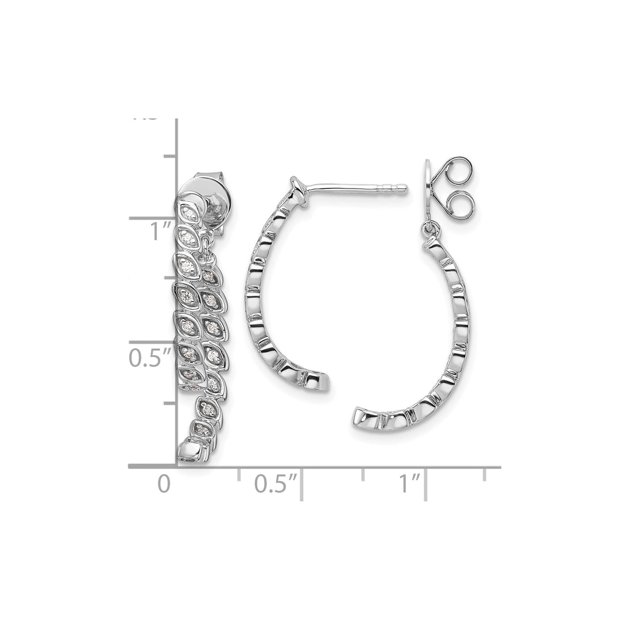 14k White Gold Hoop Earrings with Diamond Accents and Textured Marquise Leaf Design