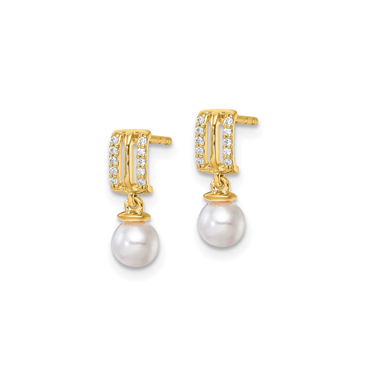 14k Yellow Gold Dangle Earrings with White Pearl Drop and Diamond Accents, Rectangle Design