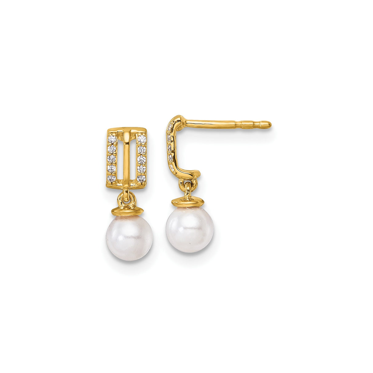 14k Yellow Gold Dangle Earrings with White Pearl Drop and Diamond Accents, Rectangle Design