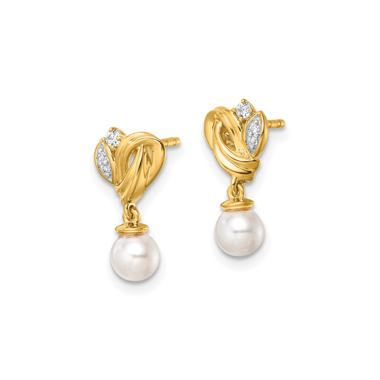 14k Yellow Gold Drop Earrings with Pearl and Diamond Accents, Leaf Design for Women