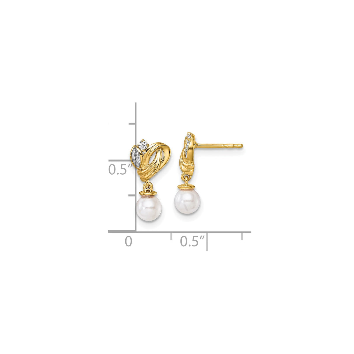 14k Yellow Gold Drop Earrings with Pearl and Diamond Accents, Leaf Design for Women