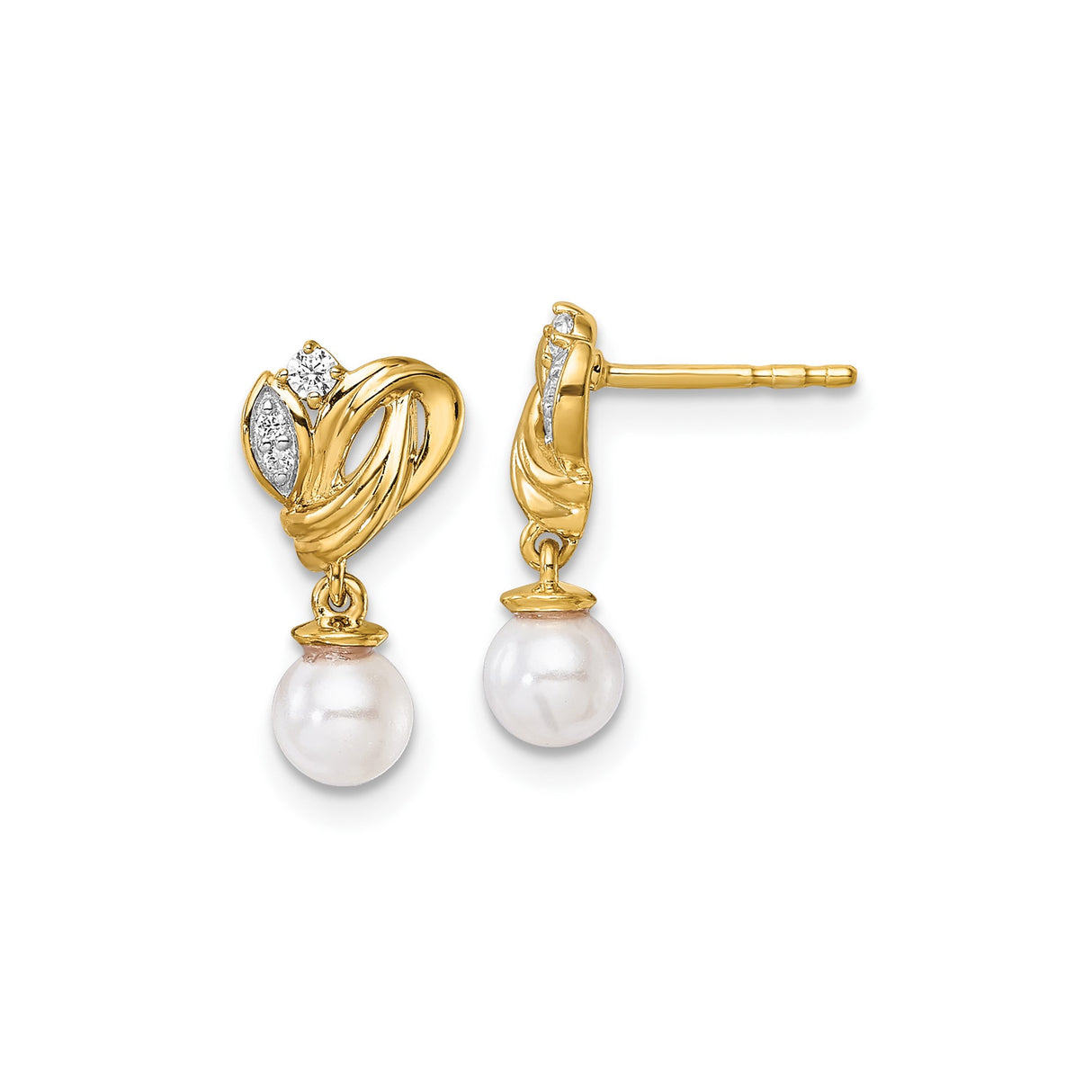 14k Yellow Gold Drop Earrings with Pearl and Diamond Accents, Leaf Design for Women