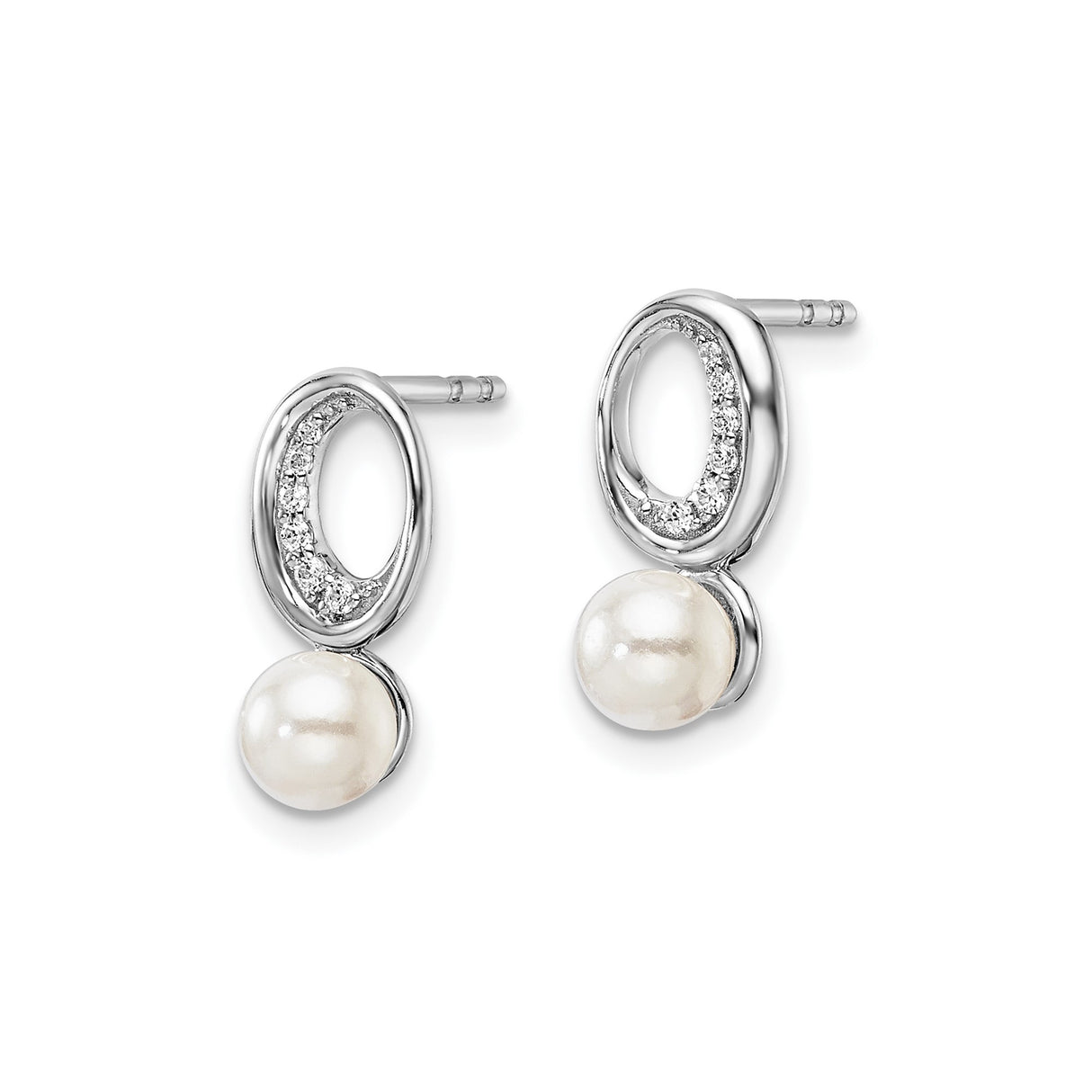 14k White Gold Earrings with Cultured Pearls and Diamond Accent, Open Oval Design Studs