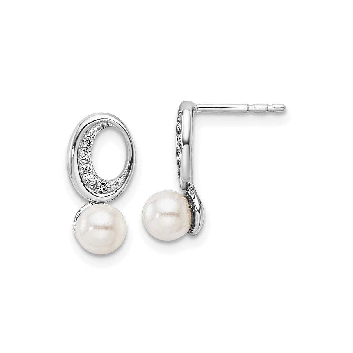14k White Gold Earrings with Cultured Pearls and Diamond Accent, Open Oval Design Studs