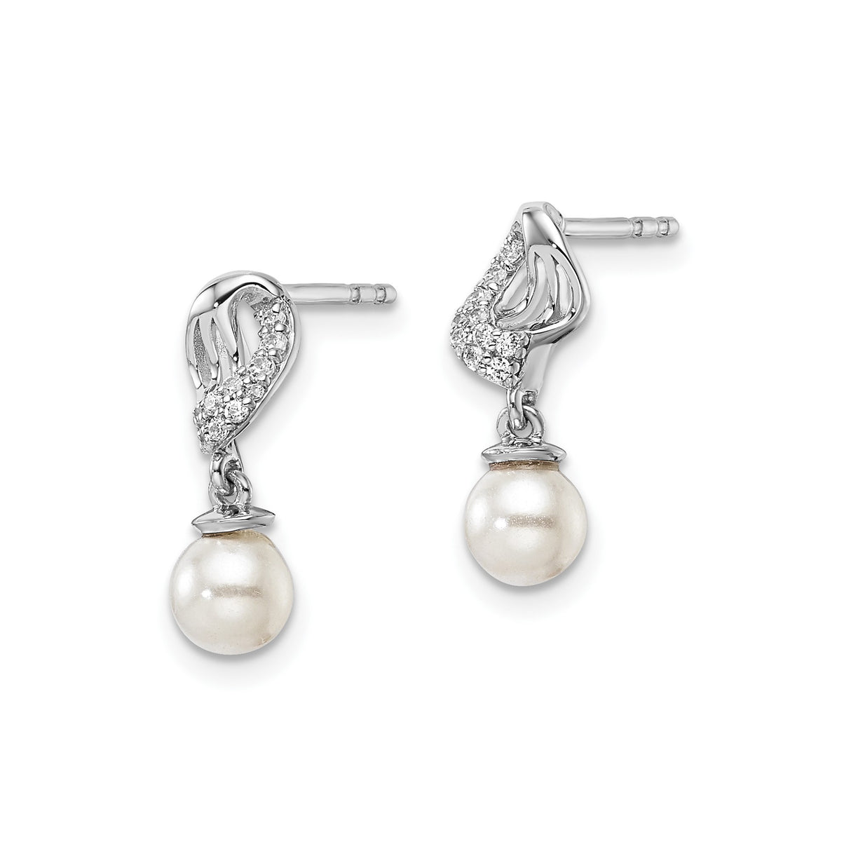 14k White Gold Dangle Earrings with Cultured Pearls and Diamond Accents, Swirl Design