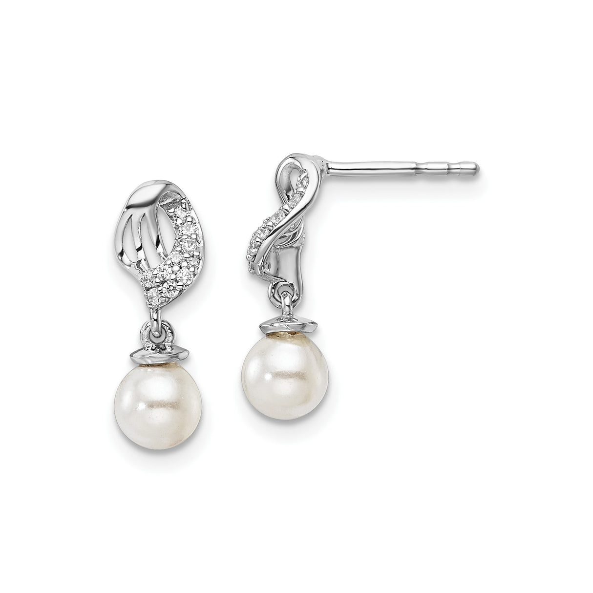 14k White Gold Dangle Earrings with Cultured Pearls and Diamond Accents, Swirl Design