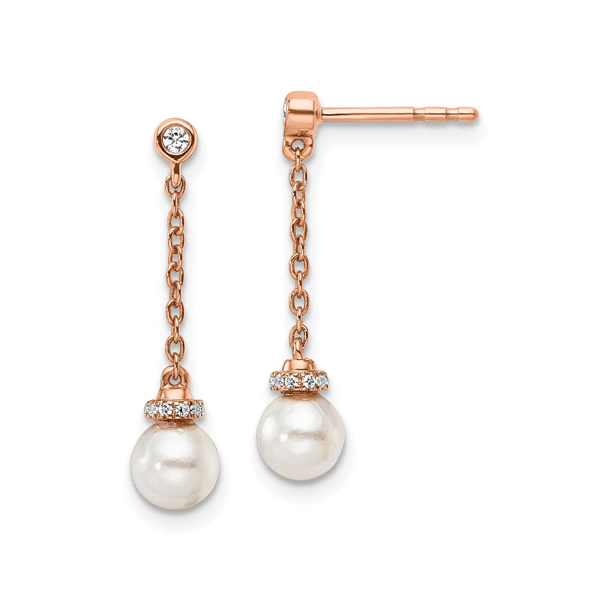14k Rose Gold Dangle Earrings with Freshwater Cultured Pearl and Diamond Accents