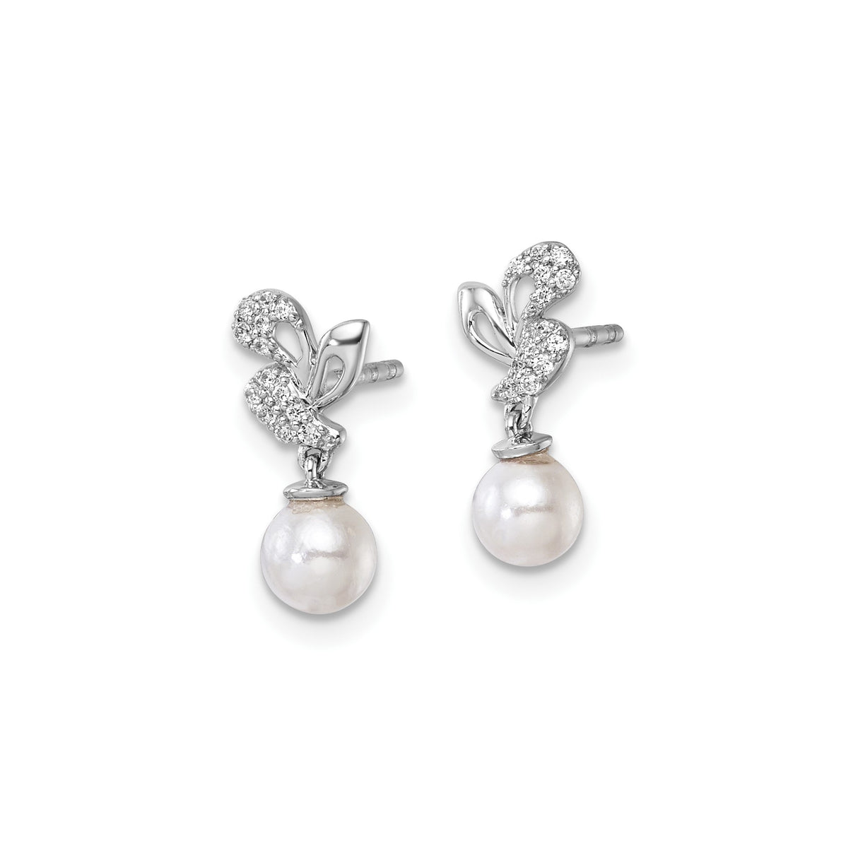 14k White Gold Drop Earrings with Cultured Pearl and Diamond Leaf Motif