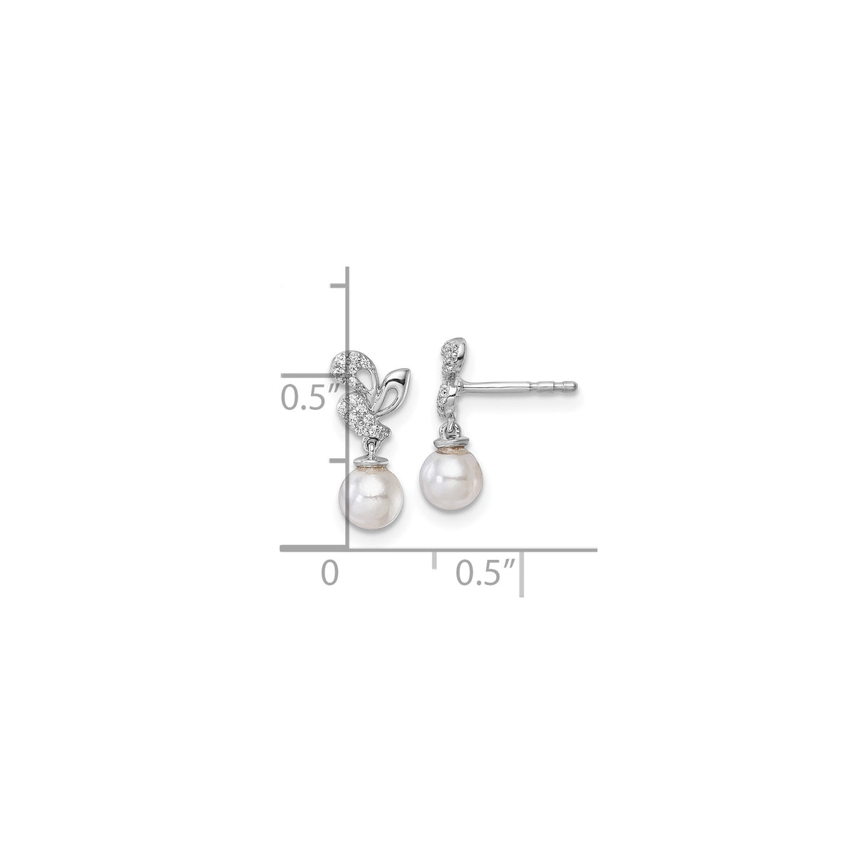 14k White Gold Drop Earrings with Cultured Pearl and Diamond Leaf Motif