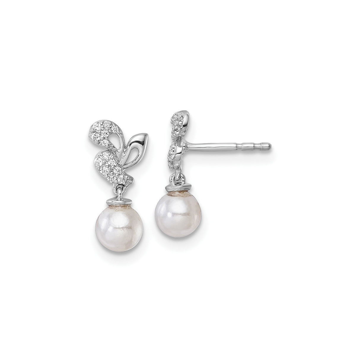 14k White Gold Drop Earrings with Cultured Pearl and Diamond Leaf Motif